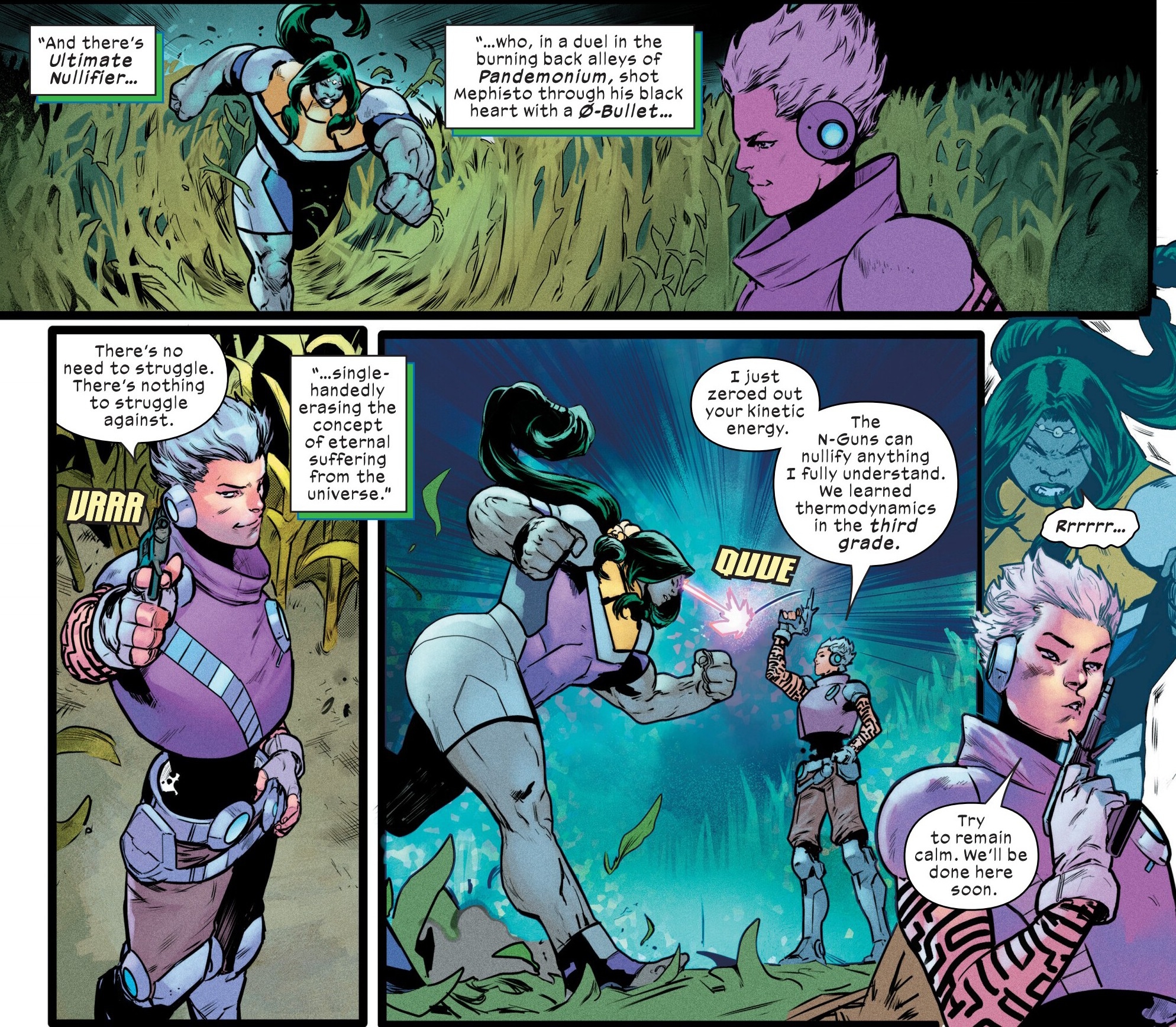 Comic panels showing Ultimate Nullifier shooting She-Hulk with
		  his N-Guns, 'nullifying' her kinetic energy.